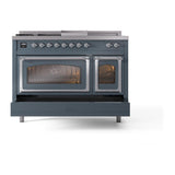 ILVE UN48FSNMPBGC Nostalgie II Noblesse 48 inch Dual Fuel Range (5 Sealed Burners + Griddle + French Top, Natural Gas, Triple Glass Door, Blue Grey, Chrome)