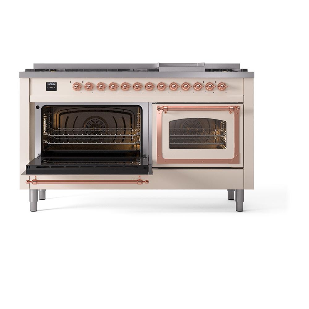 ILVE UN60FNMPAWPLP Nostalgie II Noblesse 60 inch Dual Fuel Range (9 Sealed Burners + Griddle, Liquid Propane, Triple Glass Door, Antique White, Copper)