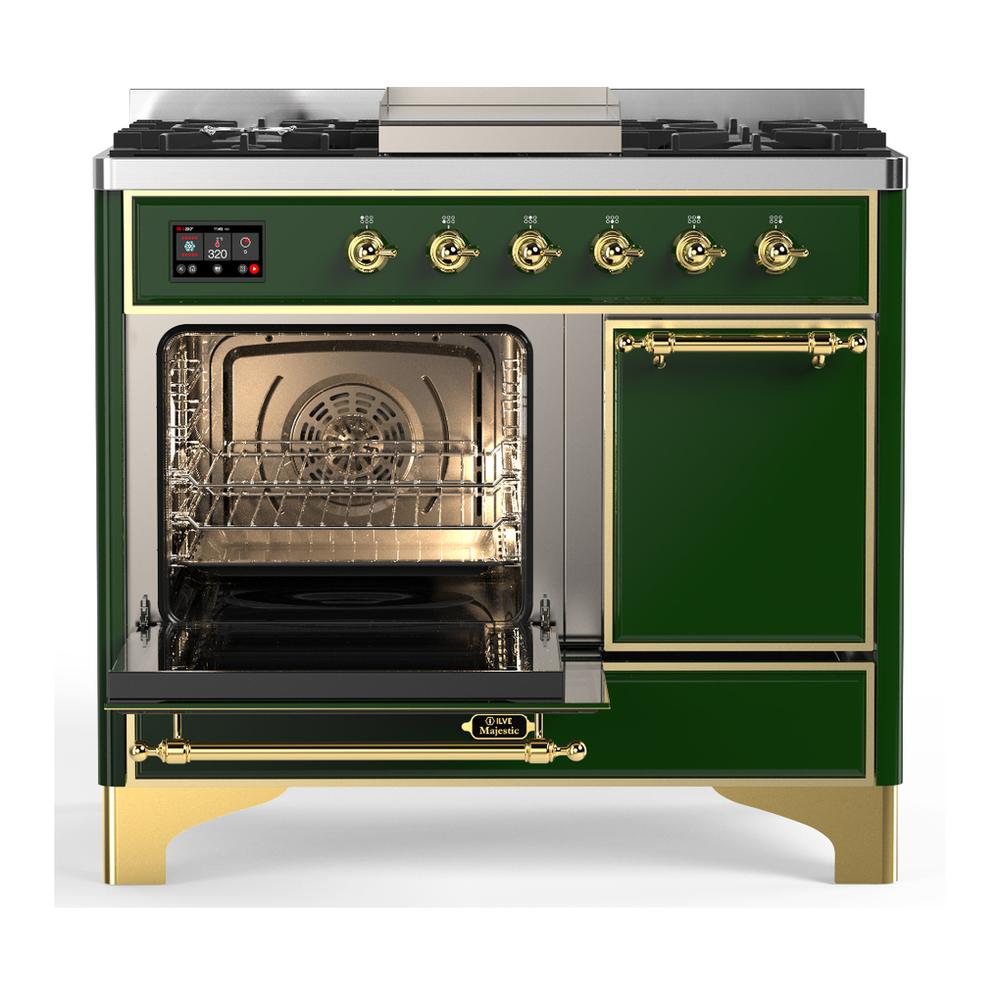 ILVE UMD40FQNR3EGG Majestic III 40 inch Dual Fuel Range with 6 Burners and Griddle, Dual Function Burner up to 25,000 BTU (Natural Gas, Solid Door, Emerald Green, Brass)