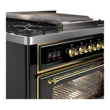 ILVE UM36FNR3BKGLP Majestic III 36 inch Dual Fuel Range with 6 Black Brass Burners and Griddle, Dual Function Burner up to 25,000 BTU (Triple Glass Door, Glossy Black, Brass, Liquid Propane)