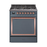 ILVE UN30QNMPBGP Nostalgie II Noblesse 30 inch Dual Fuel Range (Natural Gas, Solid Door, Blue Grey, Copper)