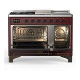 ILVE UM48FSNR3BUBLP Majestic III 48 inch Dual Fuel Range with 5 Black Brass Burners, Griddle and French Top, Dual Function Burner up to 25,000 BTU (Liquid Propane, Triple Glass Door, Burgundy, Burnished)