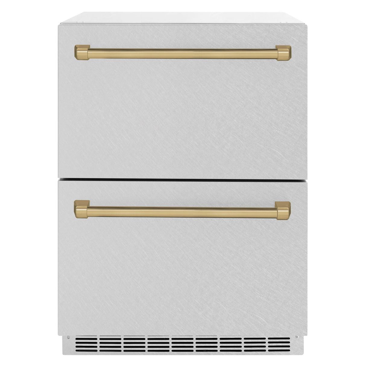 ZLINE Autograph Edition 24 in. Touchstone 168 Can Outdoor-Rated Dual Refrigerator Drawer with DuraSnow' Stainless Steel Doors and Champagne Bronze Handles (RDSOZ-SN-24-CB)