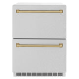 ZLINE Autograph Edition 24 in. Touchstone 168 Can Outdoor-Rated Dual Refrigerator Drawer with DuraSnow' Stainless Steel Doors and Champagne Bronze Handles (RDSOZ-SN-24-CB)