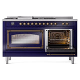 ILVE UN60FSNMPMBB Nostalgie II Noblesse 60 inch Dual Fuel Range (7 Sealed Burners + Griddle + French Top, Natural Gas, Triple Glass Door, Midnight Blue, Burnished)