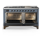 ILVE UM60FNR3BGBLP Majestic III 60 inch Dual Fuel Range with 9 Burners and Griddle, Dual Function Burner up to 25,000 BTU (Liquid Propane, Triple Glass Door, Blue Grey, Burnished)
