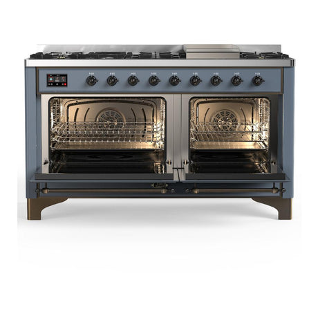 ILVE UM60FNR3BGBLP Majestic III 60 inch Dual Fuel Range with 9 Burners and Griddle, Dual Function Burner up to 25,000 BTU (Liquid Propane, Triple Glass Door, Blue Grey, Burnished)
