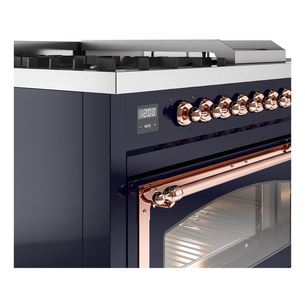 ILVE UN48FSNMPMBPLP Nostalgie II Noblesse 48 inch Dual Fuel Range (5 Sealed Burners + Griddle + French Top, Liquid Propane, Triple Glass Door, Midnight Blue, Copper)