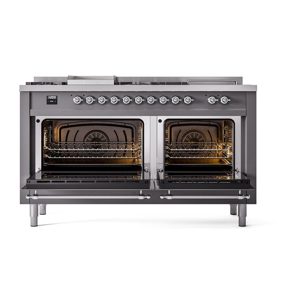 ILVE UN60FSQNMPMGCLP Nostalgie II Noblesse 60 inch Dual Fuel Range (7 Sealed Burners + Griddle + French Top, Liquid Propane, Solid Door, Graphite Matte, Chrome)