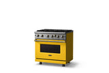 36"W. Open Burner Gas Range (Finish: Daffodil, Trim: Brushed Brass, Fuel: Natural Gas)
