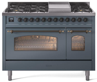 Nostalgie II 48 Inch Dual Fuel Natural Gas Freestanding Range in Blue Grey with Bronze Trim