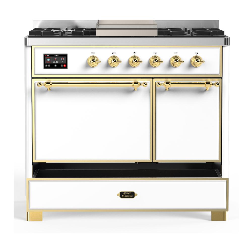 ILVE UMD40FQNR3WHGLP Majestic III 40 inch Dual Fuel Range with 6 Burners and Griddle, Dual Function Burner up to 25,000 BTU (Liquid Propane, Solid Door, White, Brass)