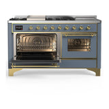 ILVE UM60FSNR3BGGLP Majestic III 60 inch Dual Fuel Range with 7 Burners, Griddle and French Top, Dual Function Burner with up to 25,000 BTU (Liquid Propane, Triple Glass Door, Blue Grey, Brass)
