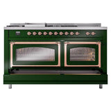 ILVE UN60FSNMPEGP Nostalgie II Noblesse 60 inch Dual Fuel Range (7 Sealed Burners + Griddle + French Top, Natural Gas, Triple Glass Door, Emerald Green, Copper)