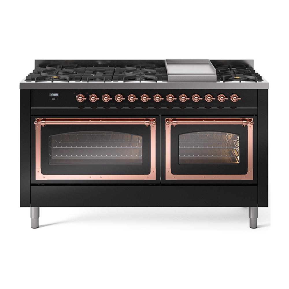 ILVE UN60FNMPBKPLP Nostalgie II Noblesse 60 inch Dual Fuel Range (9 Sealed Burners + Griddle, Liquid Propane, Triple Glass Door, Glossy Black, Copper)