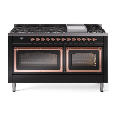 ILVE UN60FNMPBKPLP Nostalgie II Noblesse 60 inch Dual Fuel Range (9 Sealed Burners + Griddle, Liquid Propane, Triple Glass Door, Glossy Black, Copper)