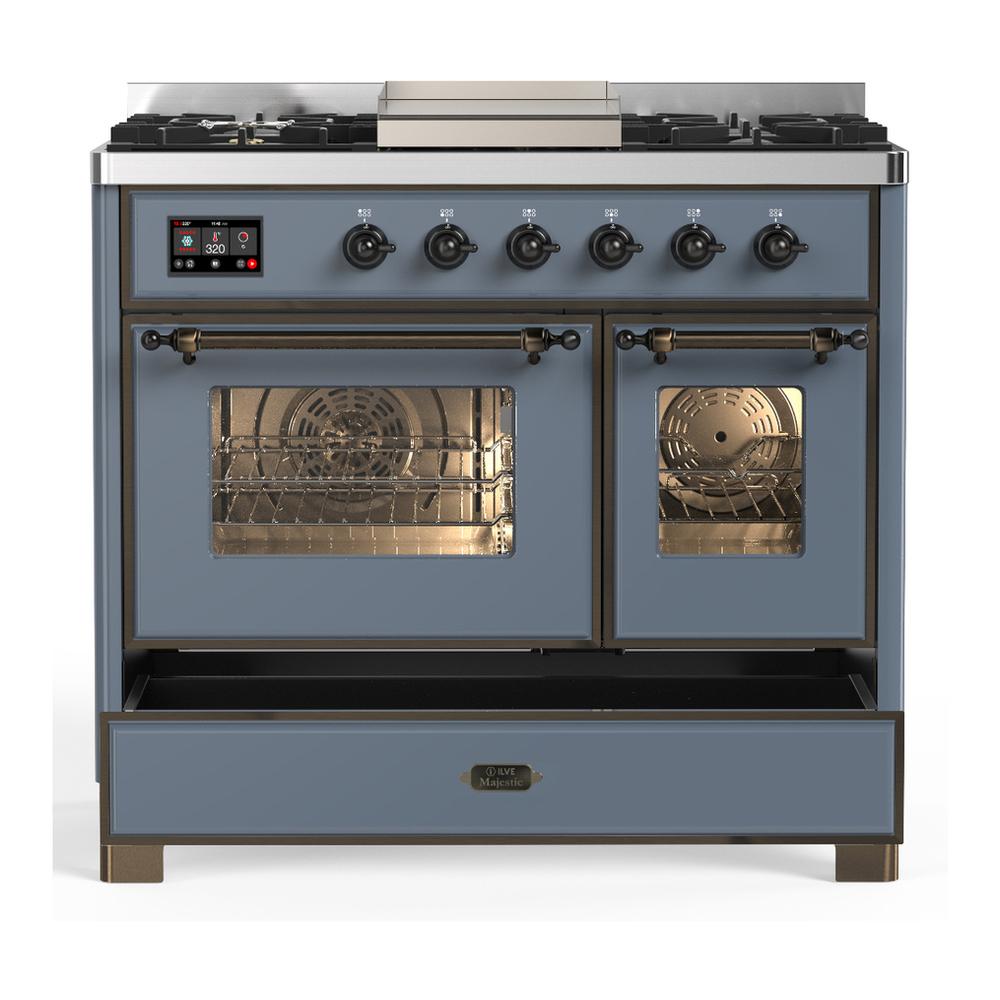 ILVE UMD40FNR3BGB Majestic III 40 inch Dual Fuel Range with 6 Burners and Griddle, Dual Function Burner up to 25,000 BTU (Natural Gas, Triple Glass Door, Blue Grey, Burnished)