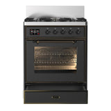 ILVE UM30NR3MGBLP Majestic III 30 inch Dual Fuel Range with 5 Black Brass Burners, Dual Function Burner up to 25,000 BTU (Liquid Propane, Triple Glass Door, Graphite Matte, Burnished)