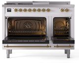 Nostalgie II 48 Inch Dual Fuel Natural Gas Freestanding Range in White with Brass Trim