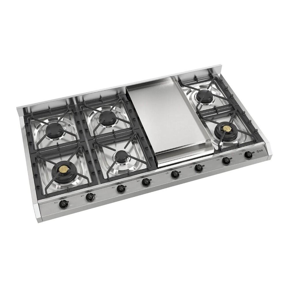 ILVE UHCP1265FNSSB Nostalgie II 48 inch Built-In Gas Cooktop with 8 Burners, Griddle, in Stainless Steel (Natural Gas, Burnished)