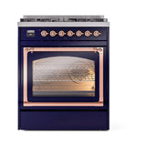 ILVE UN30NMPMBP Nostalgie II Noblesse 30 inch Dual Fuel Range (Natural Gas, Triple Glass Door, Midnight Blue, Copper)