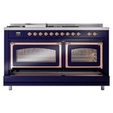 ILVE UN60FSNMPMBP Nostalgie II Noblesse 60 inch Dual Fuel Range (7 Sealed Burners + Griddle + French Top, Natural Gas, Triple Glass Door, Midnight Blue, Copper)