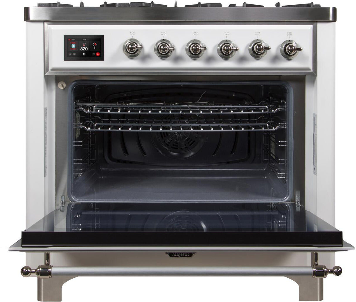Majestic II 36 Inch Dual Fuel Natural Gas Freestanding Range in White with Chrome Trim