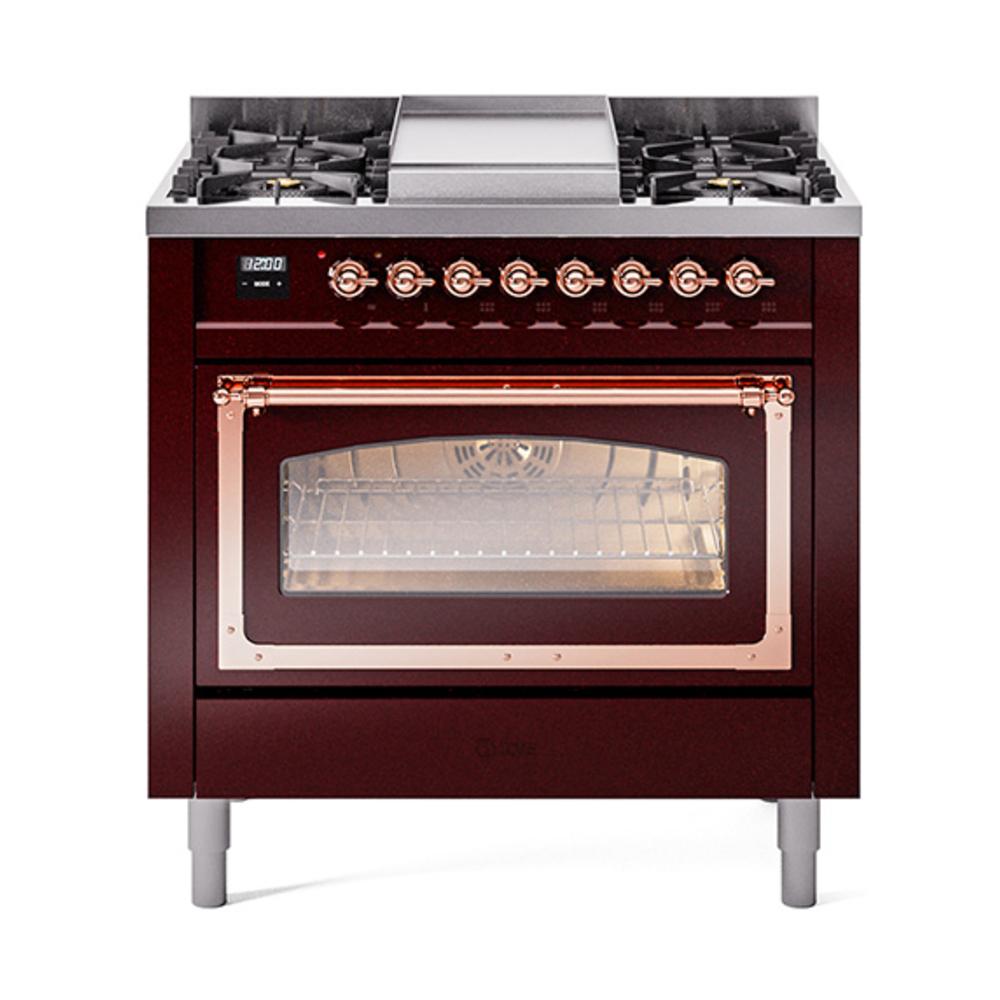 ILVE UN36FNMPBUPLP Nostalgie II Noblesse 36 inch Dual Fuel Range (Liquid Propane, Triple Glass Door, Burgundy, Copper)