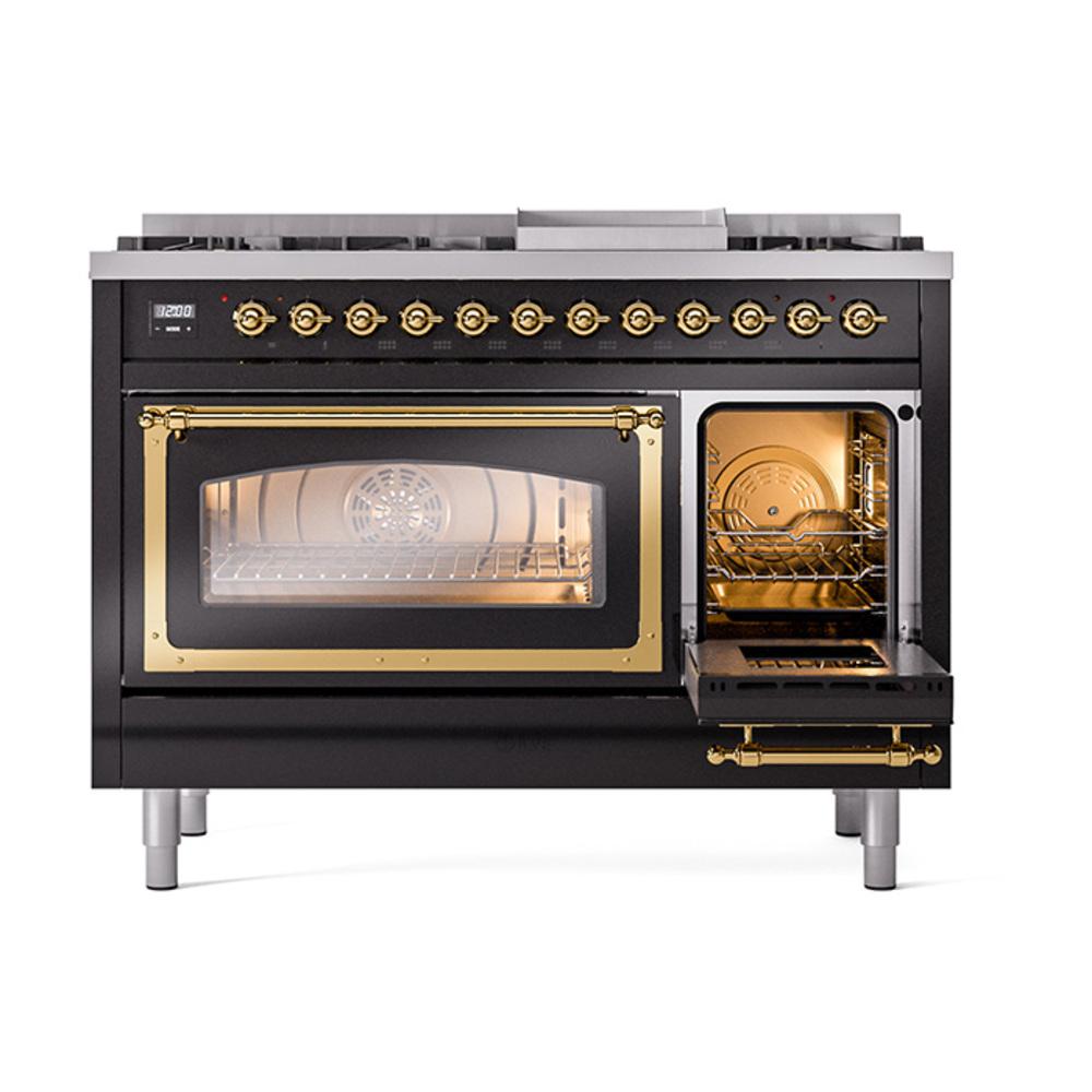 ILVE UN48FNMPBKGLP Nostalgie II Noblesse 48 inch Dual Fuel Range (8 Sealed Burners + Griddle, Liquid Propane, Triple Glass Door, Glossy Black, Brass)