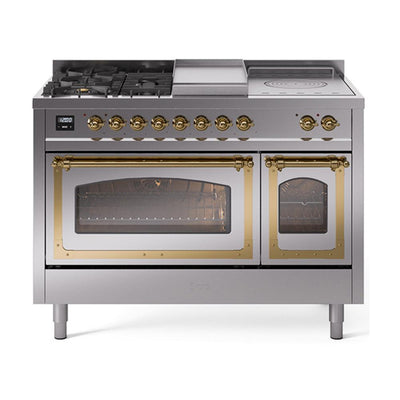 ILVE UN48FSNMPSSG Nostalgie II Noblesse 48 inch Dual Fuel Range (5 Sealed Burners + Griddle + French Top, Natural Gas, Triple Glass Door, Stainless Steel, Brass)