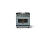 36"W. Dual Fuel Range (Burner: 4g, Finish: November Sky, Trim: Brushed Brass, Fuel: Natural Gas)