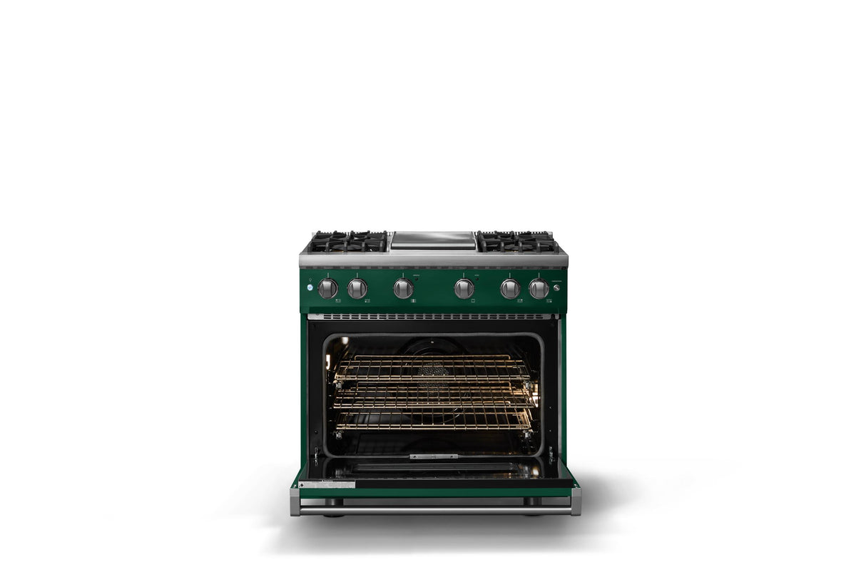 36"W. Sealed Burner Gas Range (Burner: 4g, Finish: Ivy, Trim: Polished Chrome, Fuel: Natural Gas)