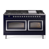 ILVE UN60FNMPMBCLP Nostalgie II Noblesse 60 inch Dual Fuel Range (9 Sealed Burners + Griddle, Liquid Propane, Triple Glass Door, Midnight Blue, Chrome)