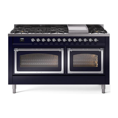 ILVE UN60FNMPMBCLP Nostalgie II Noblesse 60 inch Dual Fuel Range (9 Sealed Burners + Griddle, Liquid Propane, Triple Glass Door, Midnight Blue, Chrome)