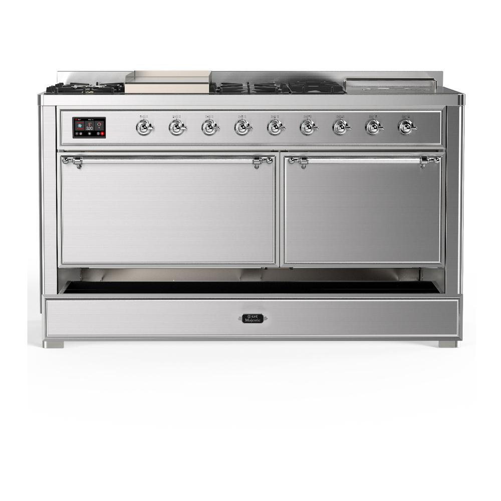 ILVE UM60FSQNR3SSCLP Majestic III 60 inch Dual Fuel Range with 7 Burners, Griddle and French Top, Dual Function Burner with up to 25,000 BTU (Liquid Propane, Solid Door, Stainless Steel, Chrome)
