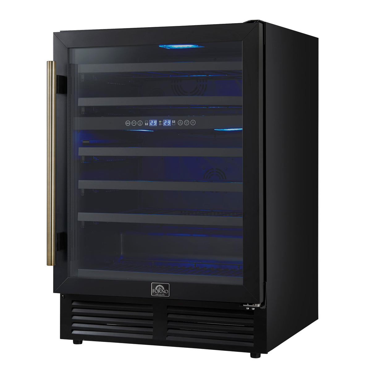 Forno Bacchino 24 Inch Wine Cooler, Black with Antique Brass Handles, with LED Lighting, Triple Glass Door, 51 Bottle Capacity, Built-In or Freestanding