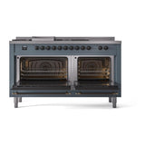 ILVE UN60FSNMPBGBLP Nostalgie II Noblesse 60 inch Dual Fuel Range (7 Sealed Burners + Griddle + French Top, Liquid Propane, Triple Glass Door, Blue Grey, Burnished)