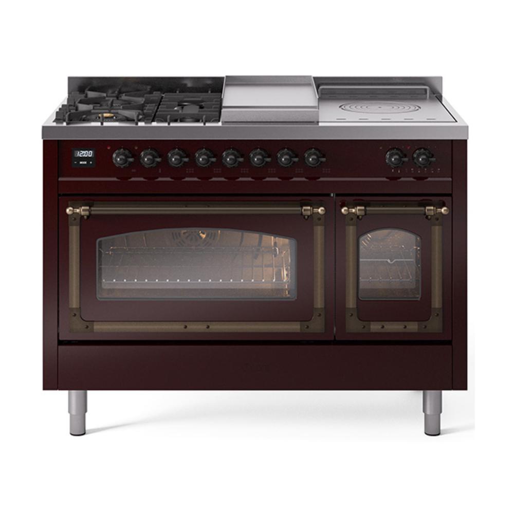 ILVE UN48FSNMPBUBLP Nostalgie II Noblesse 48 inch Dual Fuel Range (5 Sealed Burners + Griddle + French Top, Liquid Propane, Triple Glass Door, Burgundy, Burnished)