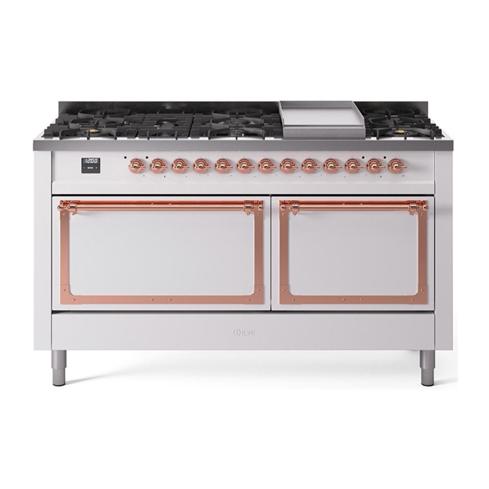 ILVE UN60FQNMPWHP Nostalgie II Noblesse 60 inch Dual Fuel Range (9 Sealed Burners + Griddle, Natural Gas, Solid Door, White, Copper)