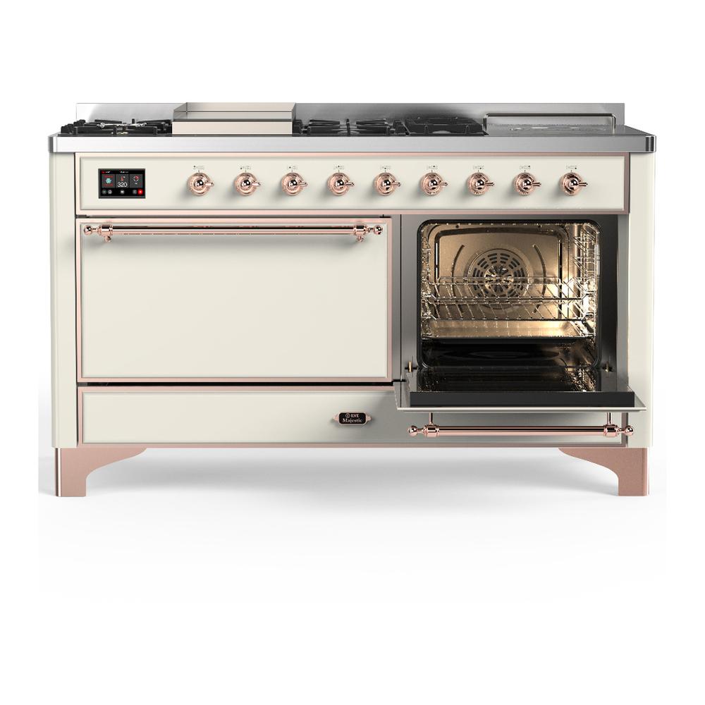 ILVE UM60FSQNR3AWP Majestic III 60 inch Dual Fuel Range with 7 Burners, Griddle and French Top, Dual Function Burner with up to 25,000 BTU (Natural Gas, Solid Door, Antique White, Copper)