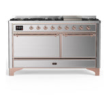 ILVE UM60FQNR3SSP Majestic III 60 inch Dual Fuel Range with 9 Burners and Griddle, Dual Function Burner up to 25,000 BTU (Natural Gas, Solid Door, Stainless Steel, Copper)
