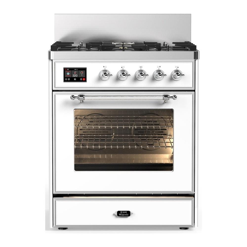 ILVE UM30NR3WHCLP Majestic III 30 inch Dual Fuel Range with 5 Black Brass Burners, Dual Function Burner up to 25,000 BTU (Liquid Propane, Triple Glass Door, White, Chrome)