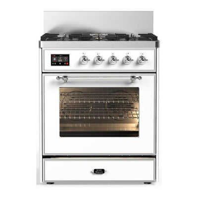 ILVE UM30NR3WHCLP Majestic III 30 inch Dual Fuel Range with 5 Black Brass Burners, Dual Function Burner up to 25,000 BTU (Liquid Propane, Triple Glass Door, White, Chrome)