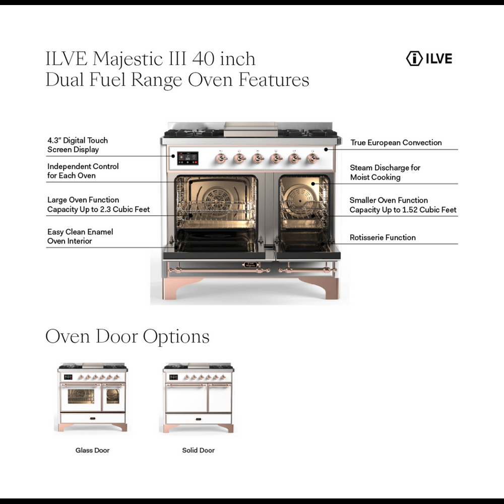 ILVE UMD40FQNR3BKP Majestic III 40 inch Dual Fuel Range with 6 Burners and Griddle, Dual Function Burner up to 25,000 BTU (Natural Gas, Solid Door, Glossy Black, Copper)