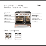 ILVE UMD40FQNR3BKP Majestic III 40 inch Dual Fuel Range with 6 Burners and Griddle, Dual Function Burner up to 25,000 BTU (Natural Gas, Solid Door, Glossy Black, Copper)