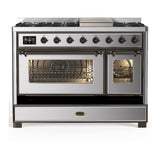 ILVE UM48FNR3SSBLP Majestic III 48 inch Dual Fuel Range with 8 Burners and Griddle, Dual Function Burner up to 25,000 BTU (Liquid Propane, Triple Glass Door, Stainless Steel, Burnished)