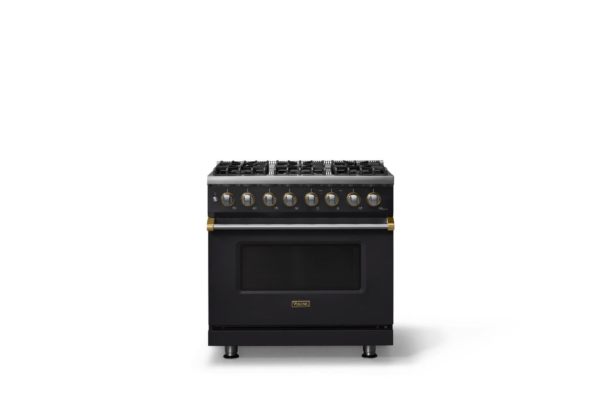 36"W. Dual Fuel Range (Burner: 6b, Finish: Onyx, Trim: Brushed Brass, Fuel: Propane)