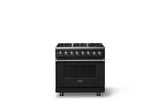 36"W. Dual Fuel Range (Burner: 6b, Finish: Onyx, Trim: Brushed Brass, Fuel: Propane)