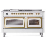 ILVE UN60FSNMPWHGLP Nostalgie II Noblesse 60 inch Dual Fuel Range (7 Sealed Burners + Griddle + French Top, Liquid Propane, Triple Glass Door, White, Brass)