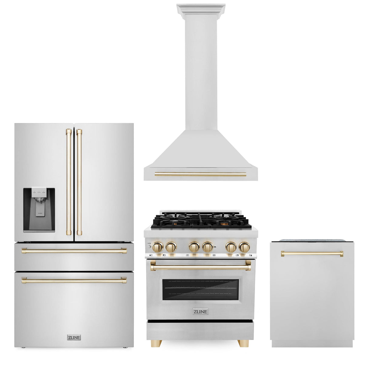 ZLINE 30" Autograph Edition Kitchen Package with Stainless Steel Dual Fuel Range, Range Hood, Dishwasher and Refrigeration with Gold Accents (4AKPR-RARHDWM30-G)